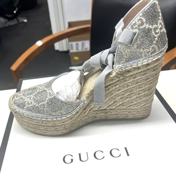 GUCCI SHOES HERITAGE PILAR LAME SILVER GG PLATFORM ESPADRILLE WEDGES 38.5 US 8 - Picture 10 of 16